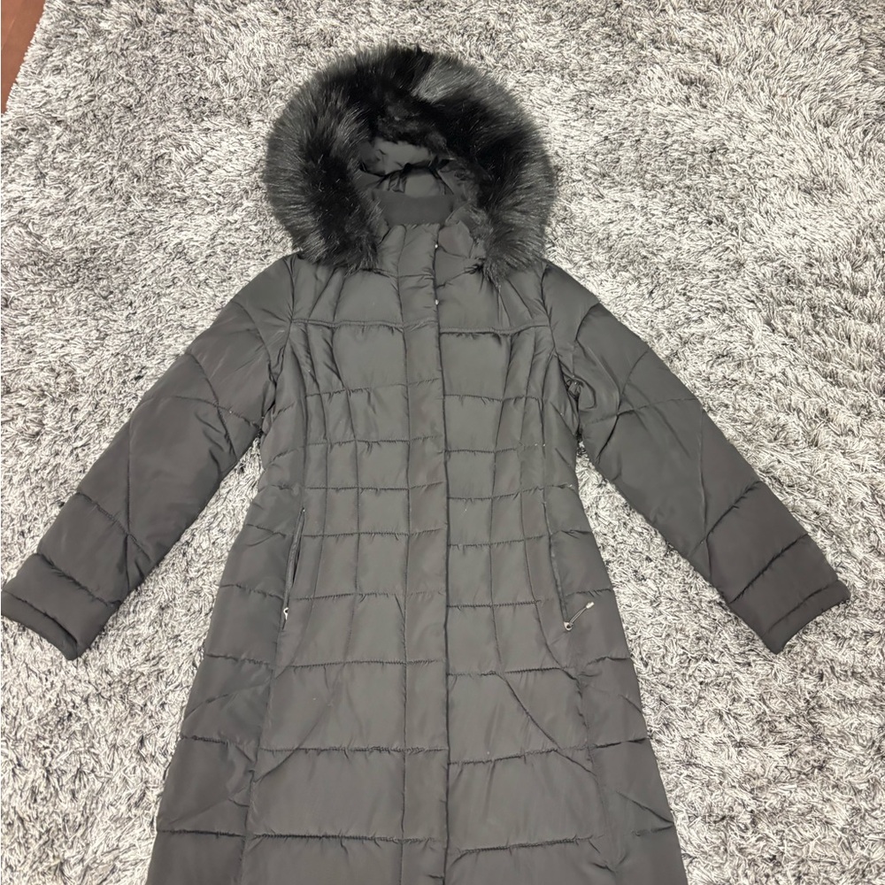 Calvin Klein Black Puffer Coat with Faux Fur Hood
